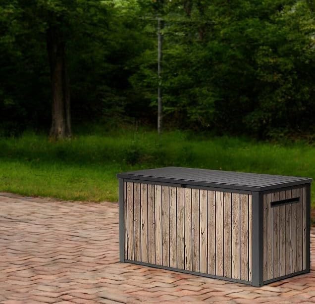 Outdoor Storage Box, Wood-Look Resin Deck Container, Indoor/Outdoor Storage, Ash Wood Brown (170