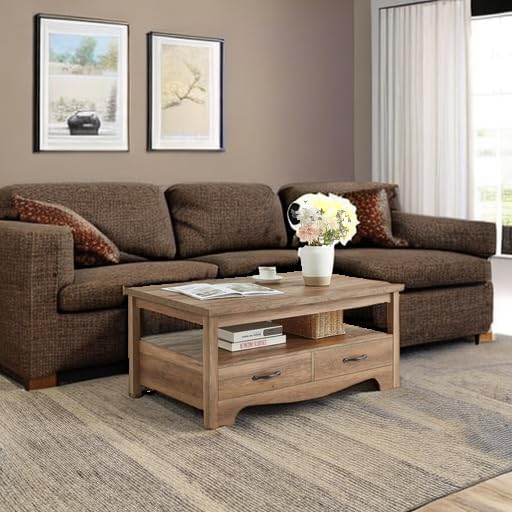 LINSY HOME Farmhouse Coffee Table with Storage, Wood Coffee Table for Living Room, Open Display