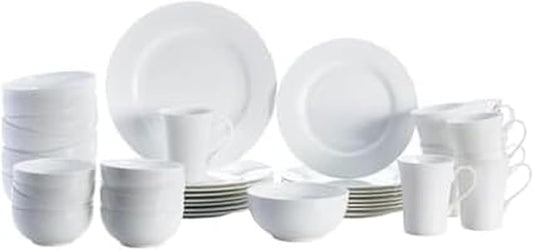 Mikasa Delray 40-Piece White Dinnerware Set, Service for 8, Durable Porcelain Plates, Bowls, and