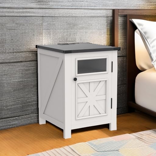 JXQTLINGMU Farmhouse End Table with Charging Station, 18'' Rustic Nightstand with Barn Door &
