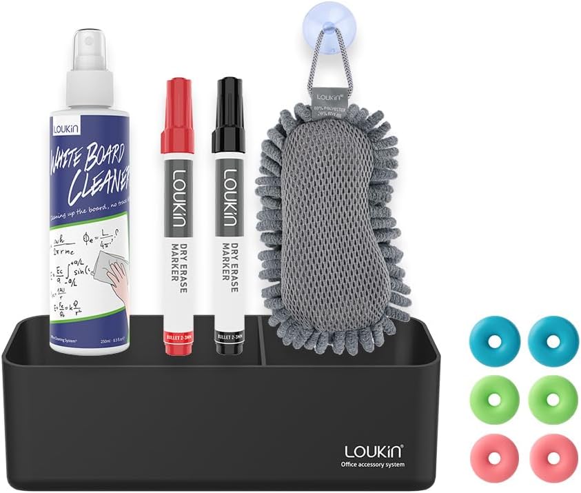 LOUKin Magnetic and Adhesive Marker Holder, Dry Erase Accessory Tray Set (Includes 1 Eraser, 1