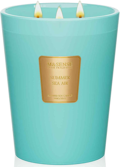M&SENSE Summer Sea Air Scented Candle, 35 OZ Extra Large 3 Wick Natural Soy Wax Candles 150 Hours