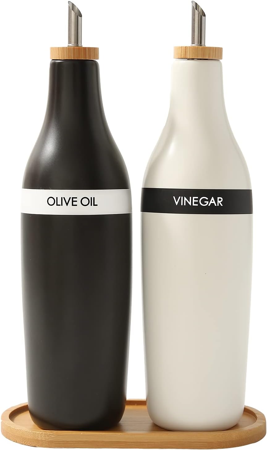 HOMCDALY Olive Oil and Vinegar Dispenser Set, Two 16oz Ceramic Oil Dispenser for Kitchen, Kitchen