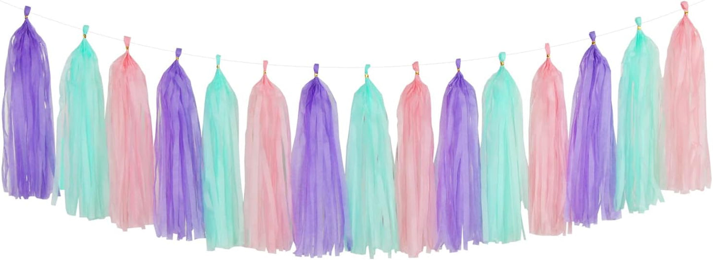 Pink-Purple Mint Mermaid Ocean-Themed Party-Decorations - 15pcs Tassel Garland Streamers Wedding