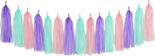 Pink-Purple Mint Mermaid Ocean-Themed Party-Decorations - 15pcs Tassel Garland Streamers Wedding