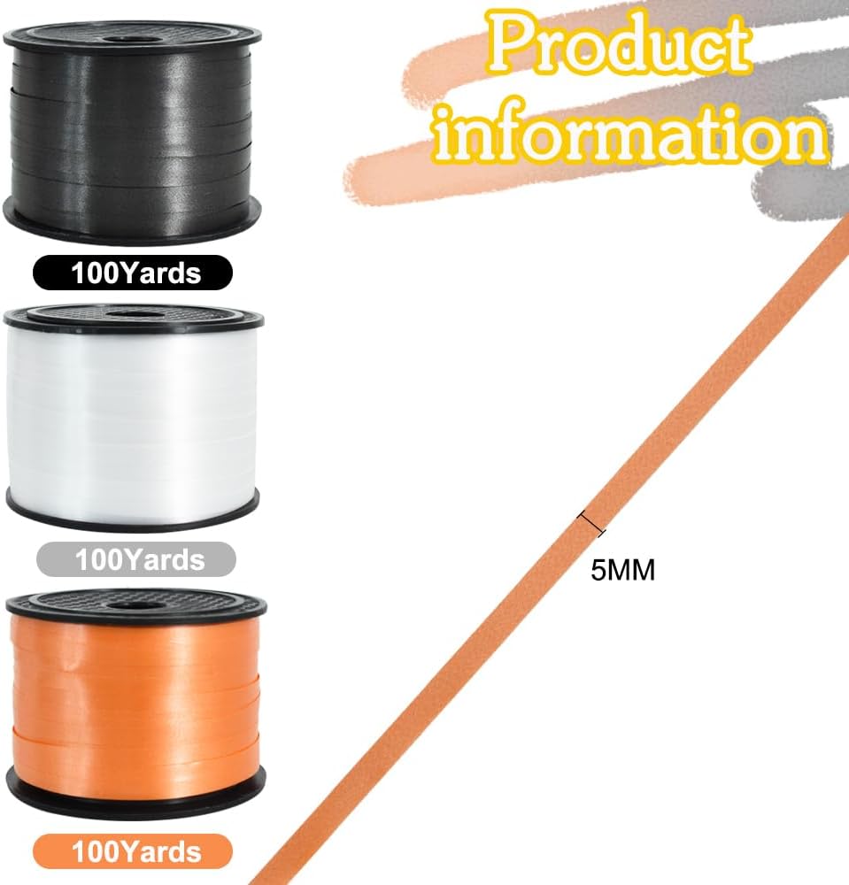 BEISHIDA 3 Pack 100 Yards Black White Orange Curling Crimped Thin Curly Ribbon Balloon String Gift