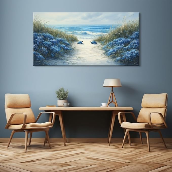 LASMOND Romantic Beach Wall Art for Living Room Blue Sea Turtle Lovers Canvas Painting Prints Ocean