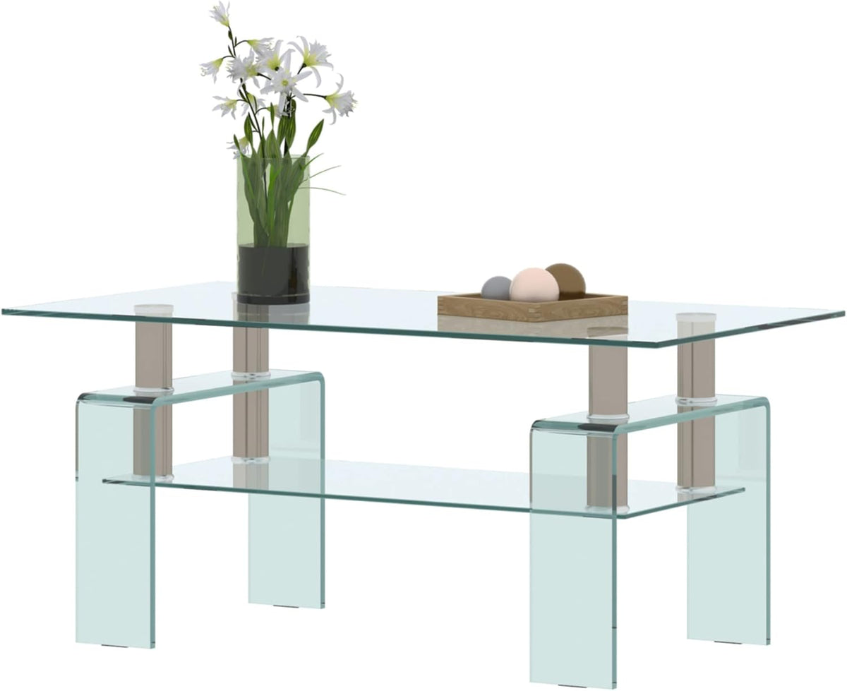 Glass Coffee Table for Living Room, Modern Rectangle All Tempered Glass Table 8mm Clear Transparent