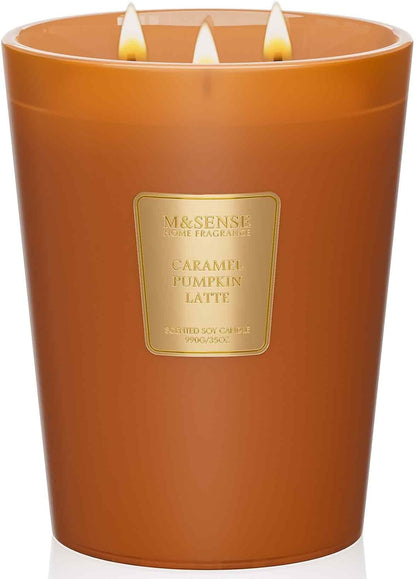 M&SENSE Large Candles Caramel Pumpkin Latte Scented, 3 Wick Natural Soy Candles for Home Scented