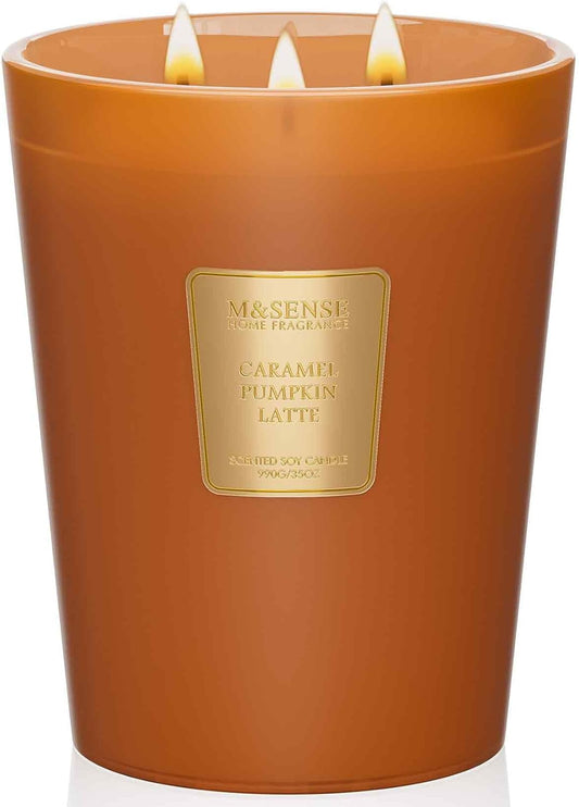 M&SENSE Large Candles Caramel Pumpkin Latte Scented, 3 Wick Natural Soy Candles for Home Scented