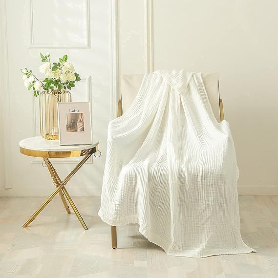 EMME Cotton Blanket for Couch Breathable Gauze All Season Soft and Lightweight Muslin White Throw