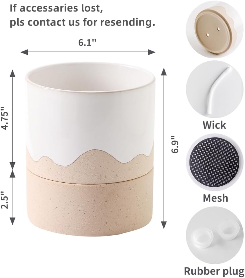 Nihow Self Watering Plant Pot: 6 Inch Ceramic Planter with Drainage Hole & Water Storage Plus for