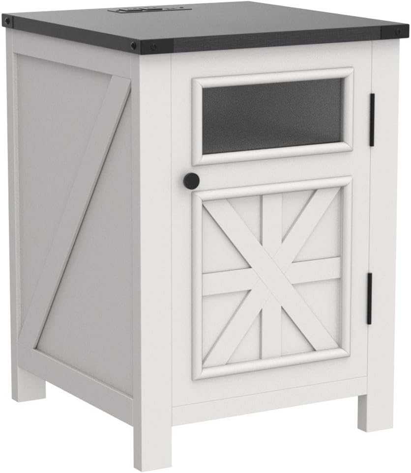 JXQTLINGMU Farmhouse End Table with Charging Station, 18'' Rustic Nightstand with Barn Door &