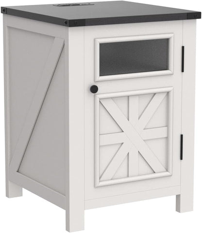 JXQTLINGMU Farmhouse End Table with Charging Station, 18'' Rustic Nightstand with Barn Door &