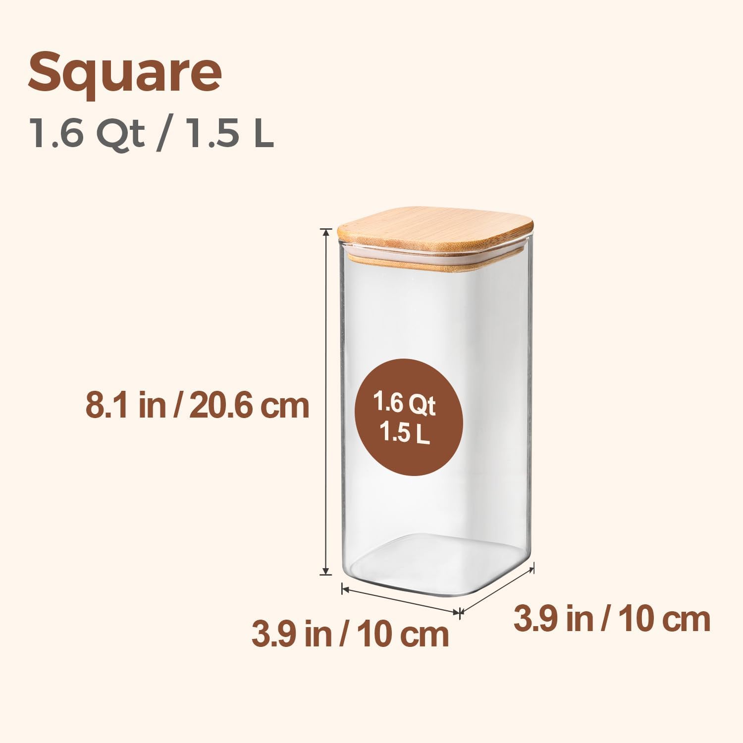 ComSaf Airtight Glass Storage Canister with Wood Lid (1.6 Qt), Clear Food Storage Container Jar