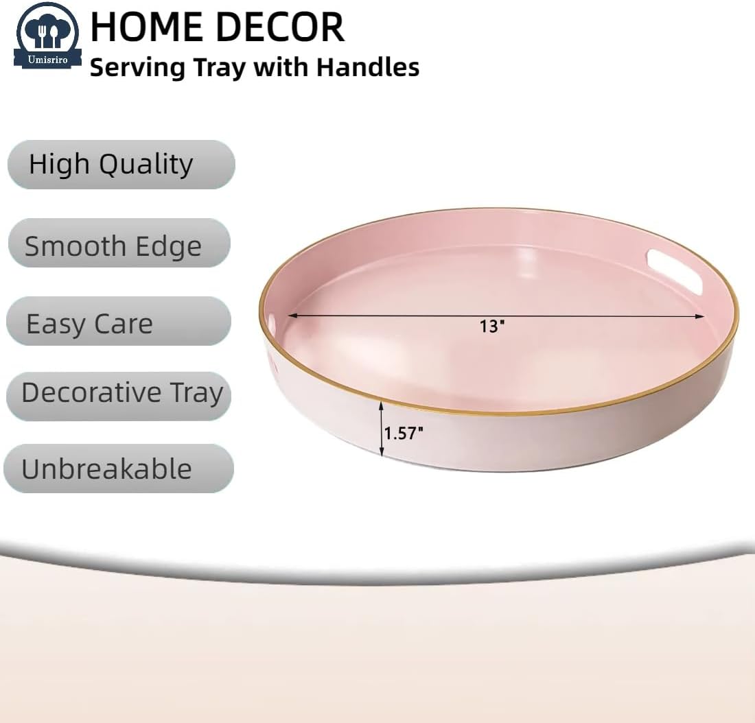 13" Pink Serving Tray with Handles,Round Decorative Tray for Coffee Table, Plastic Modern Coffee