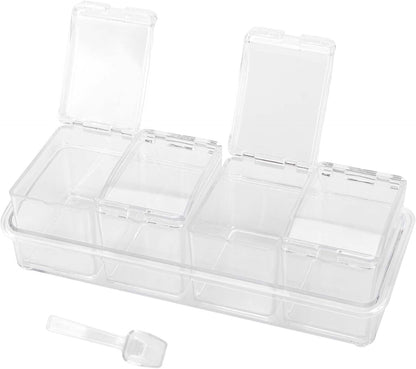JAPCHET 3 Pack 4 Cell Clear Seasoning Box with Spoons, 10.2 × 3.54 × 3 inch Seasoning Storage