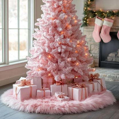 AOGU 60 Inch Faux Fur Christmas Tree Skirt Pink Plush Skirt for Merry Christmas Party Christmas