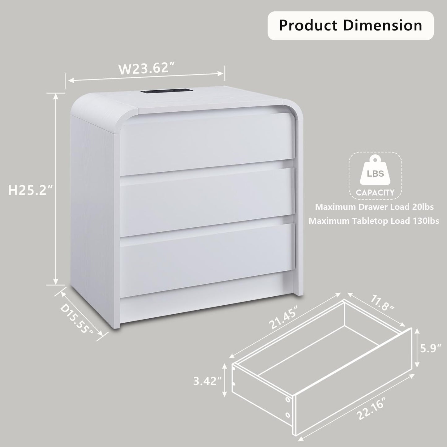 25" Tall Modern Nightstand with Charging Station, 23.6'' Wide Wood Bedside Table w/3 Storage