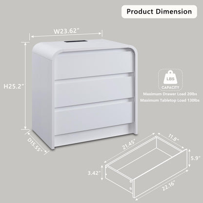 25" Tall Modern Nightstand with Charging Station, 23.6'' Wide Wood Bedside Table w/3 Storage