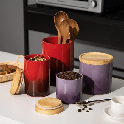 Sweejar Ceramic Food Storage Jar, Stackable Kitchen Canisters, Containers with Airtight Seal Wooden