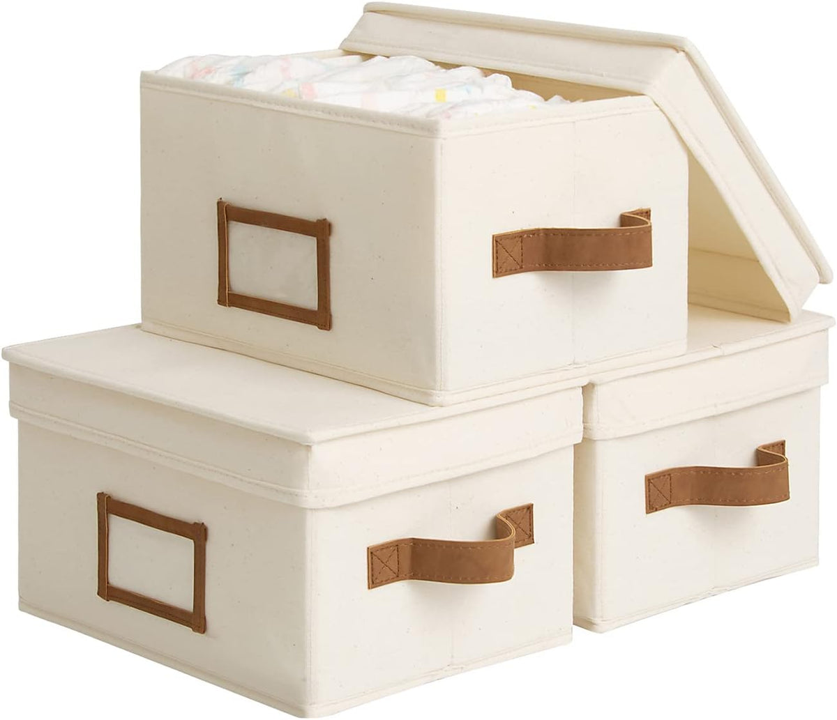 StorageWorks Storage Bins with Lids, Decorative Storage Boxes with Lid and PU Handles, Foldable