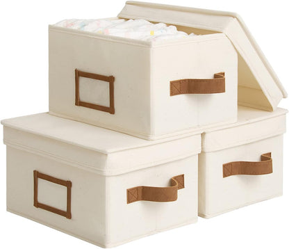 StorageWorks Storage Bins with Lids, Decorative Storage Boxes with Lid and PU Handles, Foldable