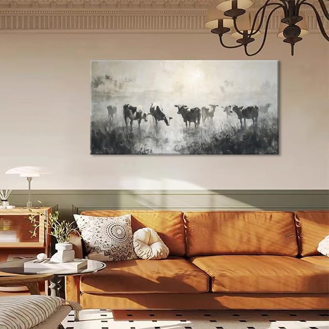 LASMOND Black and White Cow Wall Art for Living Room Ink Wash Canvas Painting Prints Morning Cattle