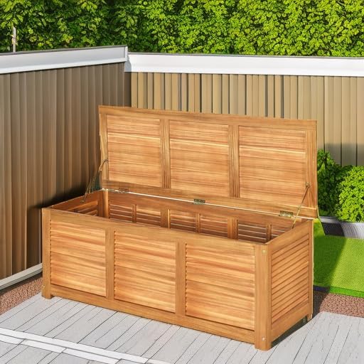 Tangkula 46 Gallon Acacia Wood Deck Box, Garden Backyard Storage Bench, Outdoor Storage Container
