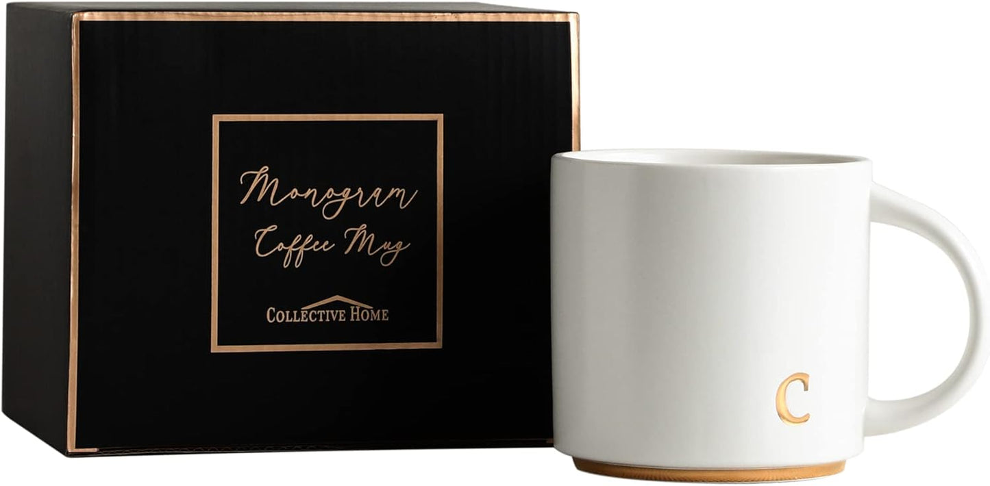 COLLECTIVE HOME - Monogram Ceramic Mugs, 15 oz Golden Initial Coffee Cups, Elegant Alphabet Tea