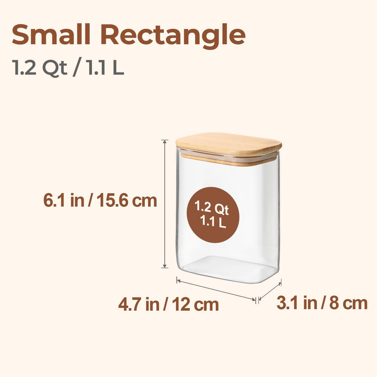 ComSaf 1.2 Qt Rectangle Glass Storage Containers with Lids, Glass Jars with Bamboo Lids, Clear Food