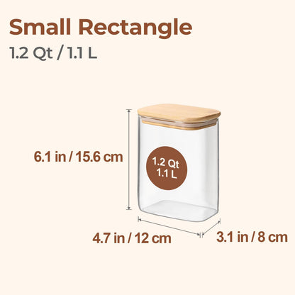 ComSaf 1.2 Qt Rectangle Glass Storage Containers with Lids, Glass Jars with Bamboo Lids, Clear Food