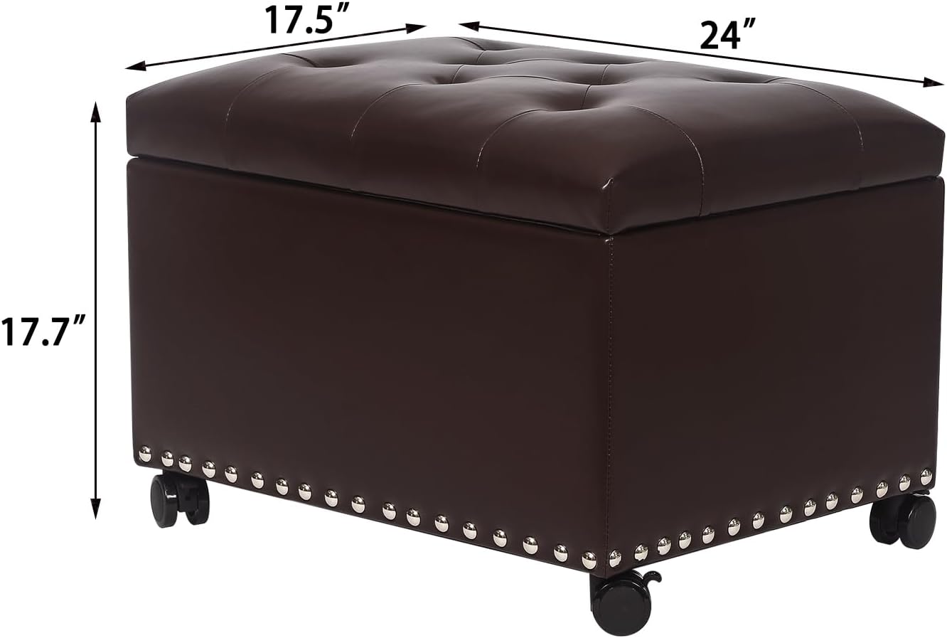 Joveco Leather Storage Ottoman with 360° Wheels 24" Rolling Foot Rest Bench Rectangle Ottomans