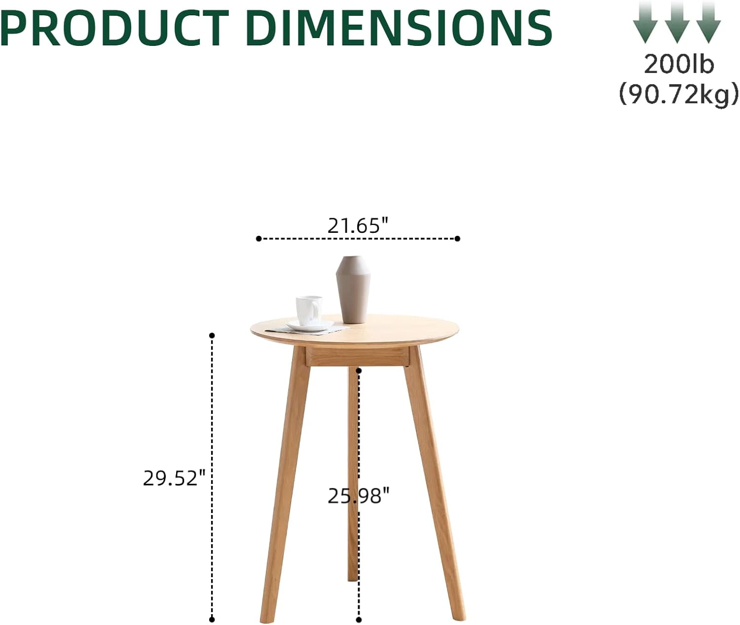 100% Solid Oak Small Tall Side Table, Mid Century Modern Coffee Table for Small Spaces, Living Room