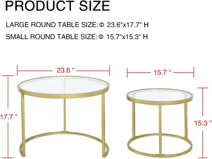 Round Nesting Coffee Table Gold Set of 2 for Living Room, Modern Side Tables with Sturdy Metal