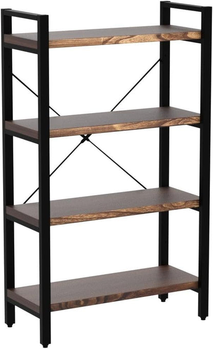 Solid Wood Bookshelf, 4-Tier Rustic Vintage Industrial Etagere Bookcase, Open Metal & Wood Vintage