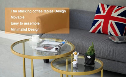 Round Nesting Coffee Table Gold Set of 2 for Living Room, Modern Side Tables with Sturdy Metal