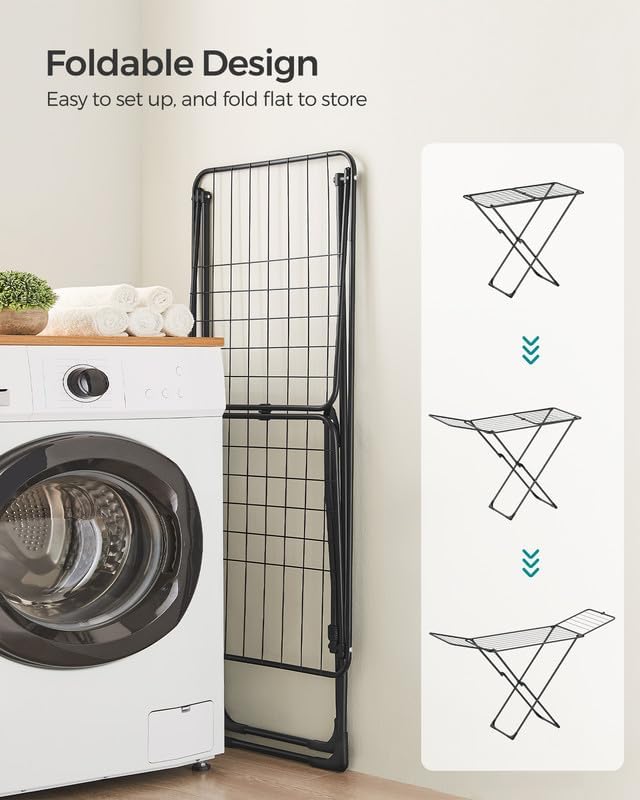 SONGMICS Clothes Drying Rack, Metal Laundry Drying Rack, Foldable, Space-Saving, Free-Standing