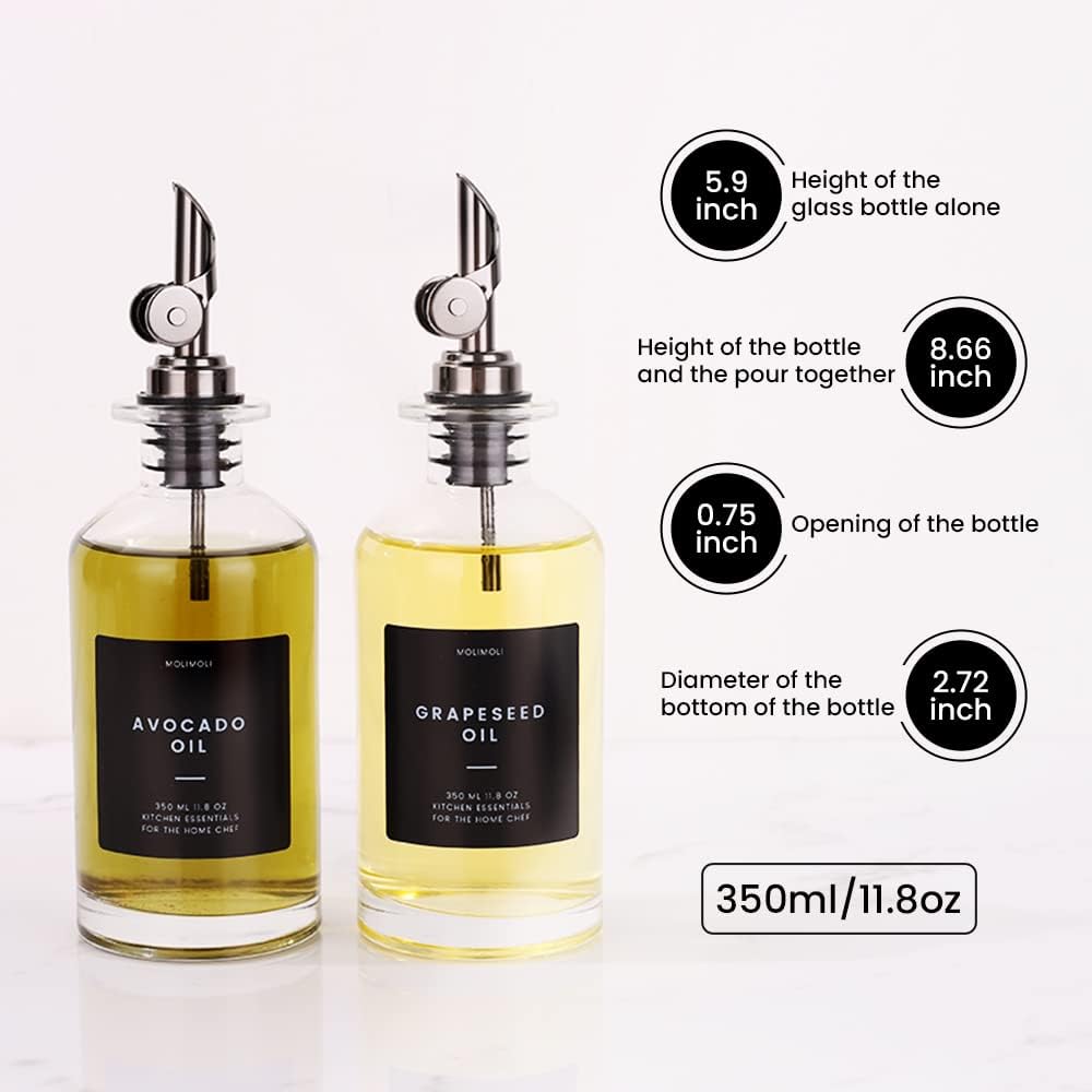Molimoli Oil and Vinegar Dispenser with Metal Pour Spout, Weighted Pourer, Glass Bottle Dispenser