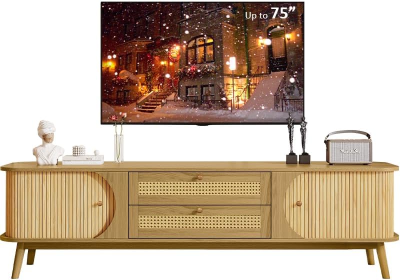 Merax Modern Fluted TV Stand for 75" TVs, Mid-Century Entertainment Center Tambour Door Media