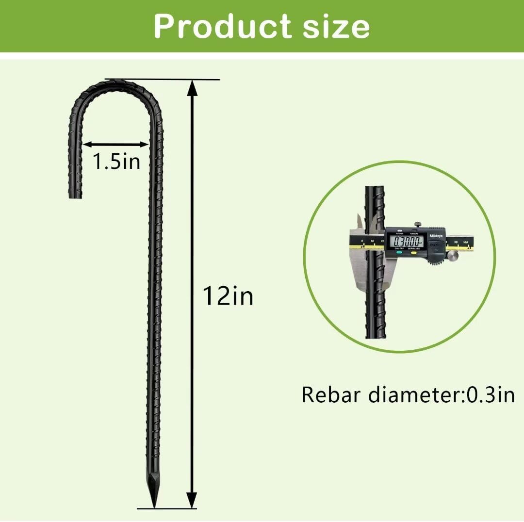 Ground-Stakes-Heavy-Duty-12 inch, J-Hook Rebar Stakes Black Coated Anti-Rust 10pcs Garden Stakes