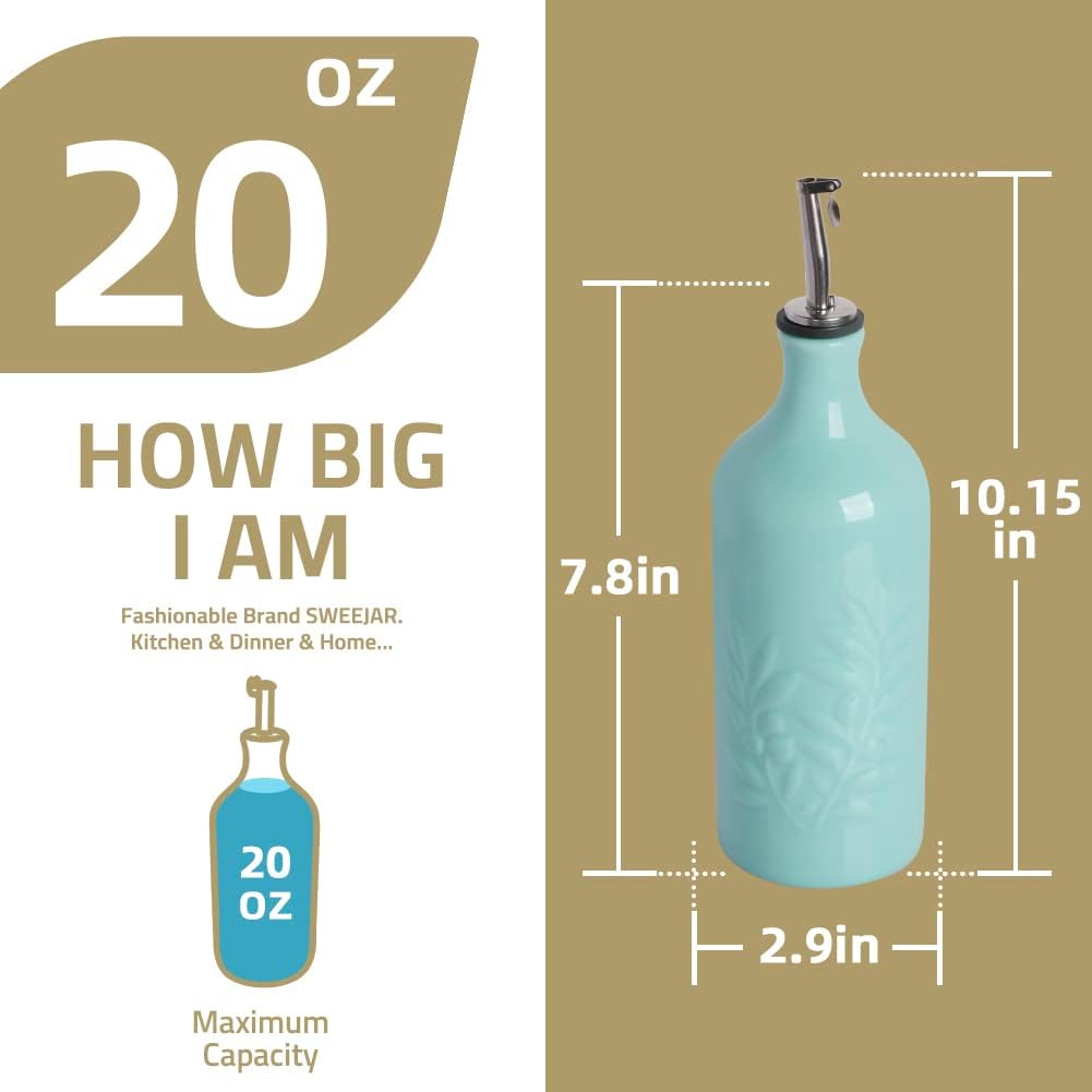 Sweejar Ceramic Olive Oil Dispenser Bottle, 20 Oz Relief Opaque Oil Cruet Protects To Reduce