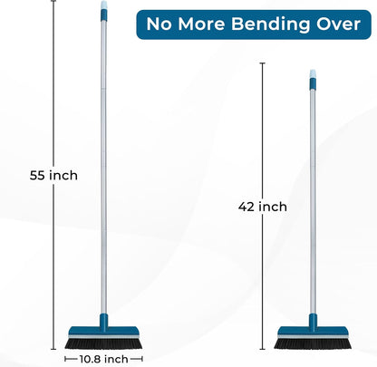 Stiff Bristle Deck Brushes for Scrubbing Heavy Duty with Rubber Scrape Squeegee, 55” Long Handle