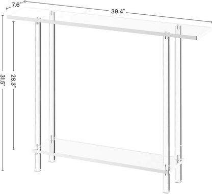Acrylic Narrow Console Table for Entryway, 7.6" D x 39.4" W x 31.5" H, Square Legs, Skinny Entry