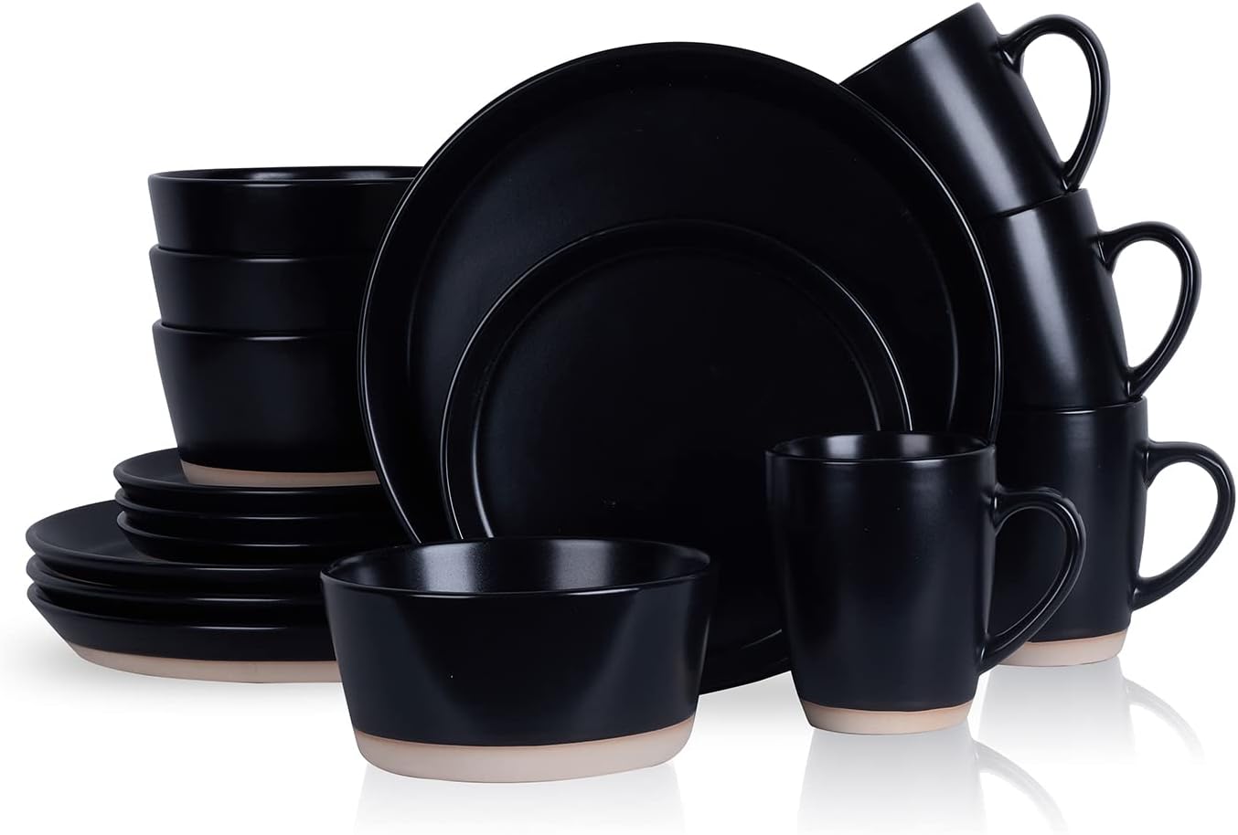 Stone Lain Jules Modern Stoneware 16-piece Round Black Dinnerware Set, Plates and Bowls Sets, Dish