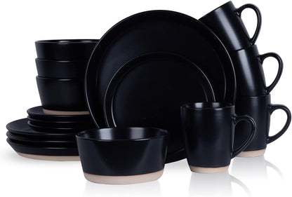 Stone Lain Jules Modern Stoneware 16-piece Round Black Dinnerware Set, Plates and Bowls Sets, Dish