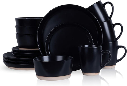 Stone Lain Jules Modern Stoneware 16-piece Round Black Dinnerware Set, Plates and Bowls Sets, Dish
