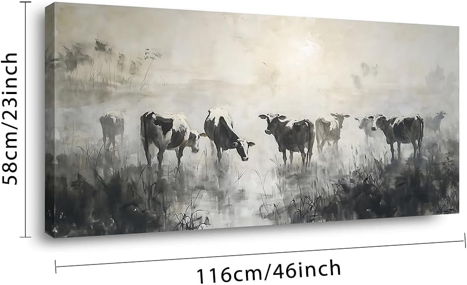 LASMOND Black and White Cow Wall Art for Living Room Ink Wash Canvas Painting Prints Morning Cattle