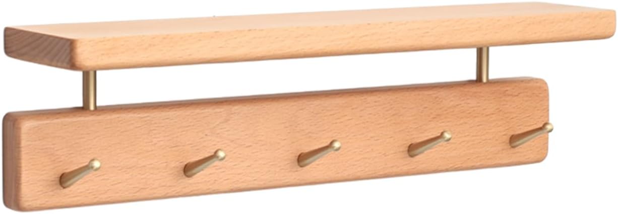 Shelf with Hooks, Solid Wood Bedroom Shelves for Wall, Wooden Coat Rack Wall Mount for Bathroom