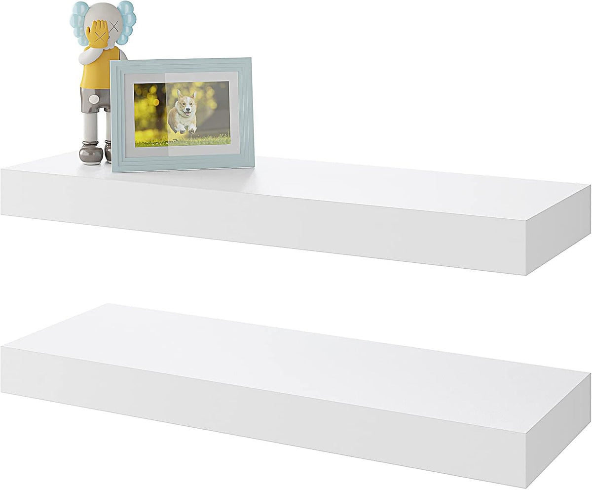 BAMEOS Floating Shelves, White Wall Mounted Wooden Shelves with Invisible Brackets Set of 2